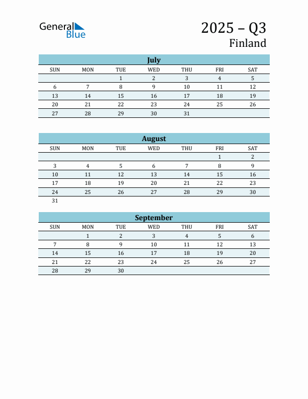 Three-Month Planner for Q3 2025 with Holidays - Finland