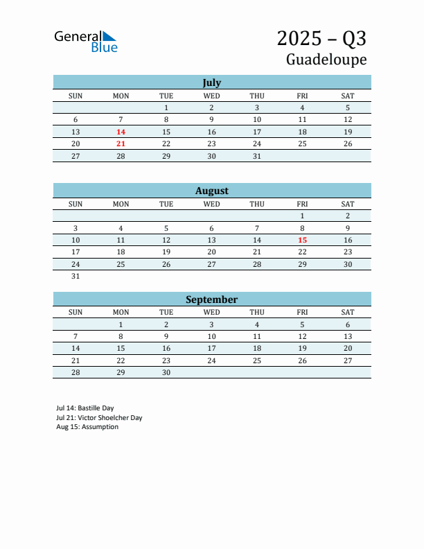 Three-Month Planner for Q3 2025 with Holidays - Guadeloupe