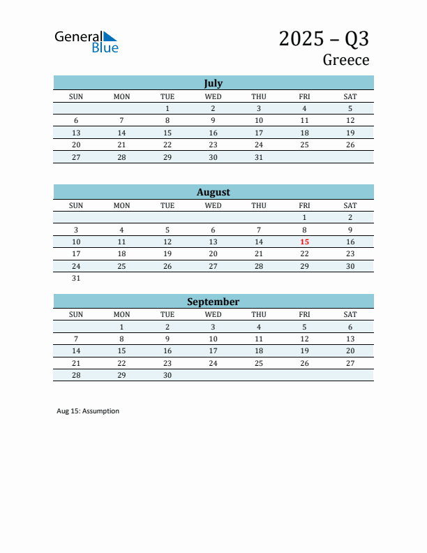 Three-Month Planner for Q3 2025 with Holidays - Greece