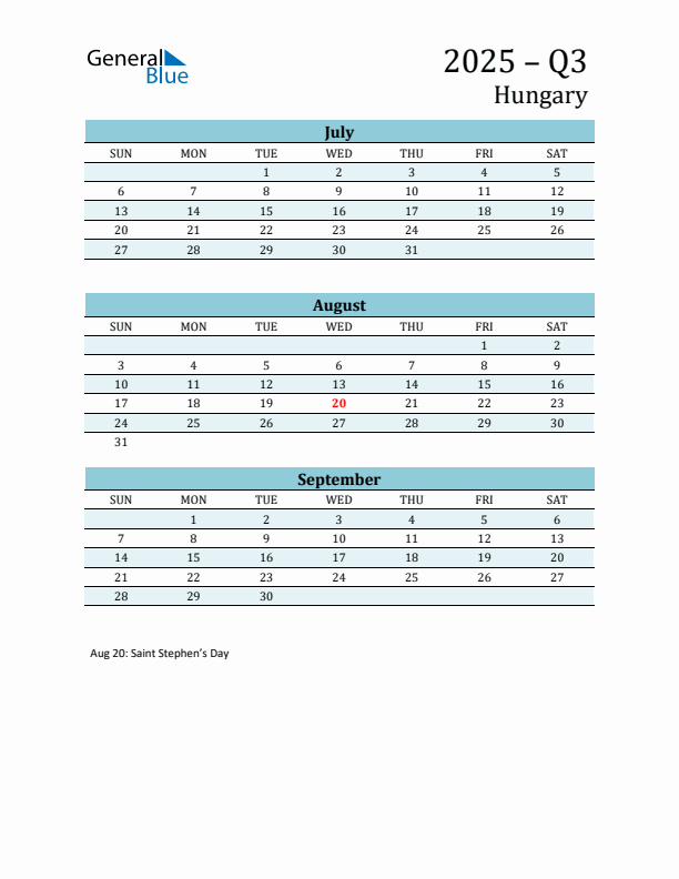 Three-Month Planner for Q3 2025 with Holidays - Hungary