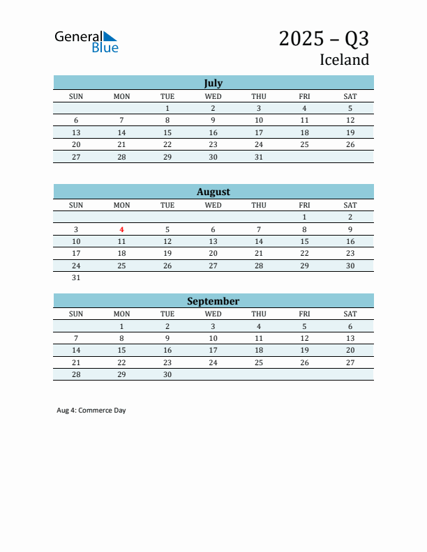 Three-Month Planner for Q3 2025 with Holidays - Iceland