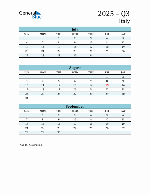 Three-Month Planner for Q3 2025 with Holidays - Italy