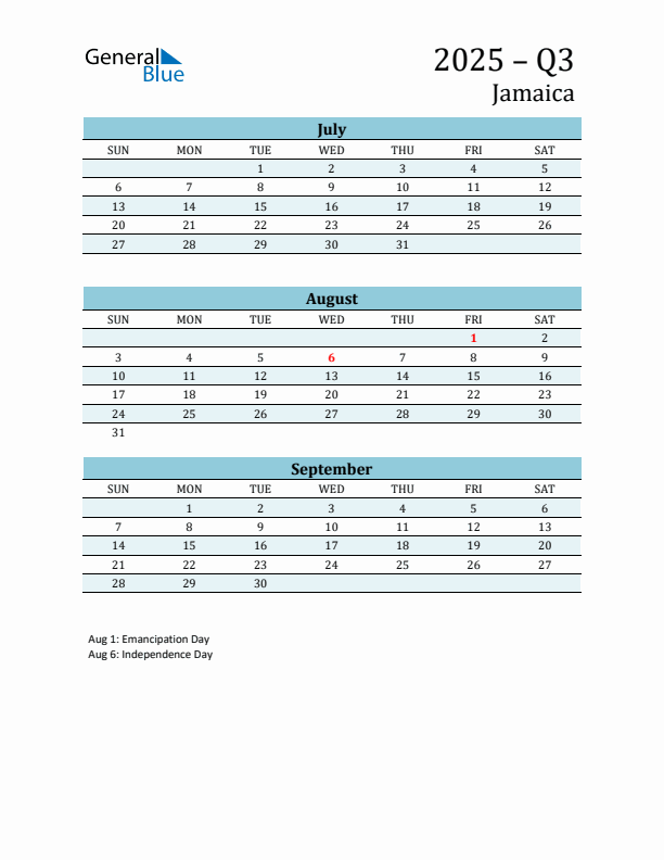Three-Month Planner for Q3 2025 with Holidays - Jamaica