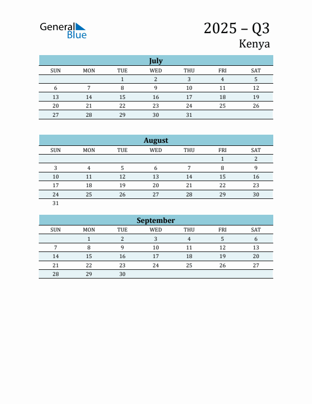 Three-Month Planner for Q3 2025 with Holidays - Kenya