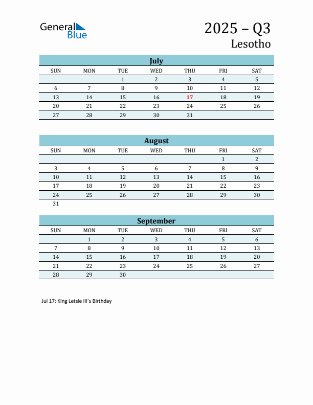 Three-Month Planner for Q3 2025 with Holidays - Lesotho