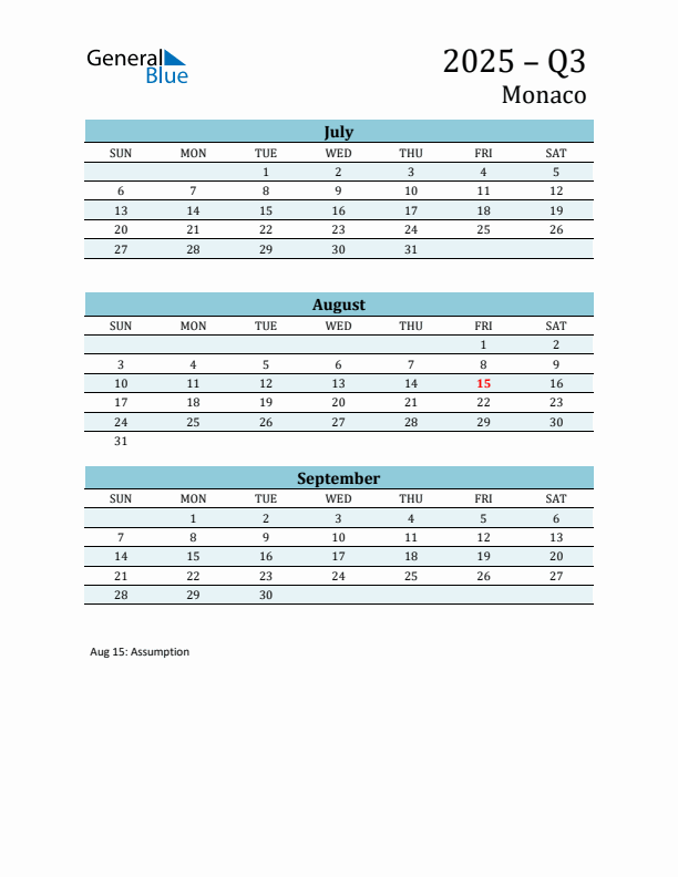 Three-Month Planner for Q3 2025 with Holidays - Monaco