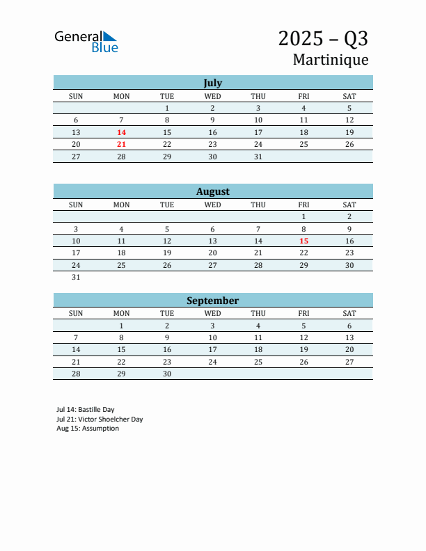 Three-Month Planner for Q3 2025 with Holidays - Martinique