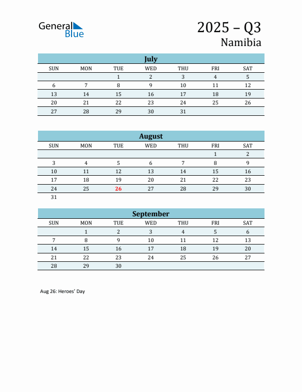 Three-Month Planner for Q3 2025 with Holidays - Namibia