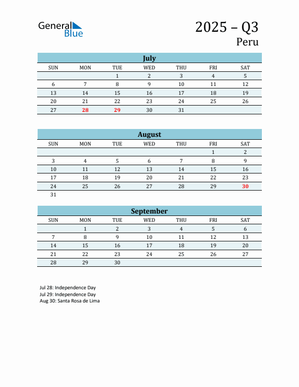 Three-Month Planner for Q3 2025 with Holidays - Peru