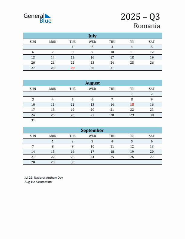 Three-Month Planner for Q3 2025 with Holidays - Romania