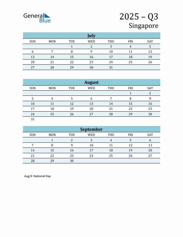 Three-Month Planner for Q3 2025 with Holidays - Singapore