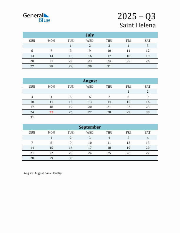Three-Month Planner for Q3 2025 with Holidays - Saint Helena