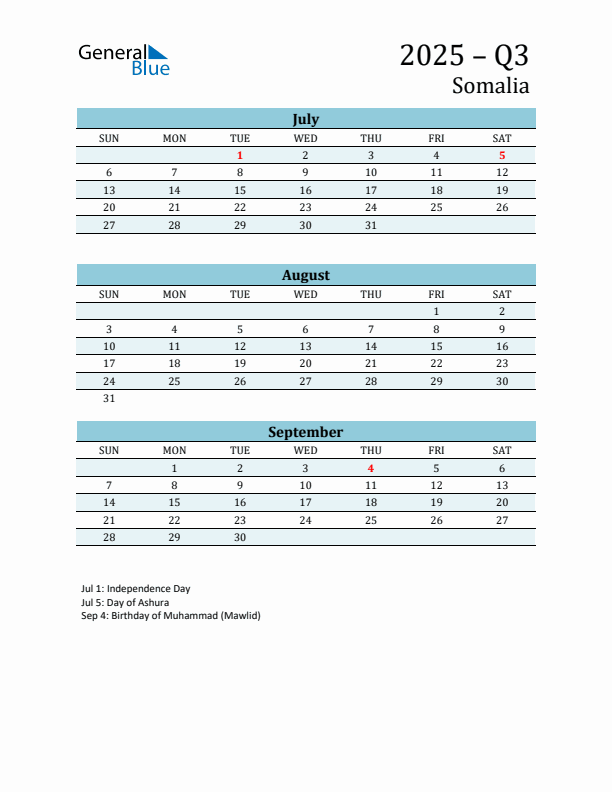 Three-Month Planner for Q3 2025 with Holidays - Somalia