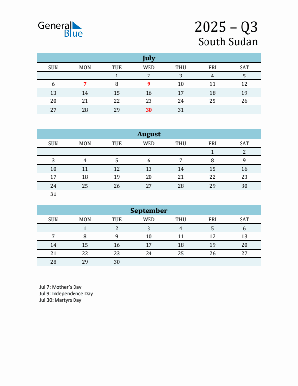 Three-Month Planner for Q3 2025 with Holidays - South Sudan
