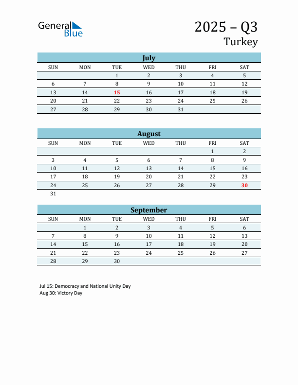 Three-Month Planner for Q3 2025 with Holidays - Turkey