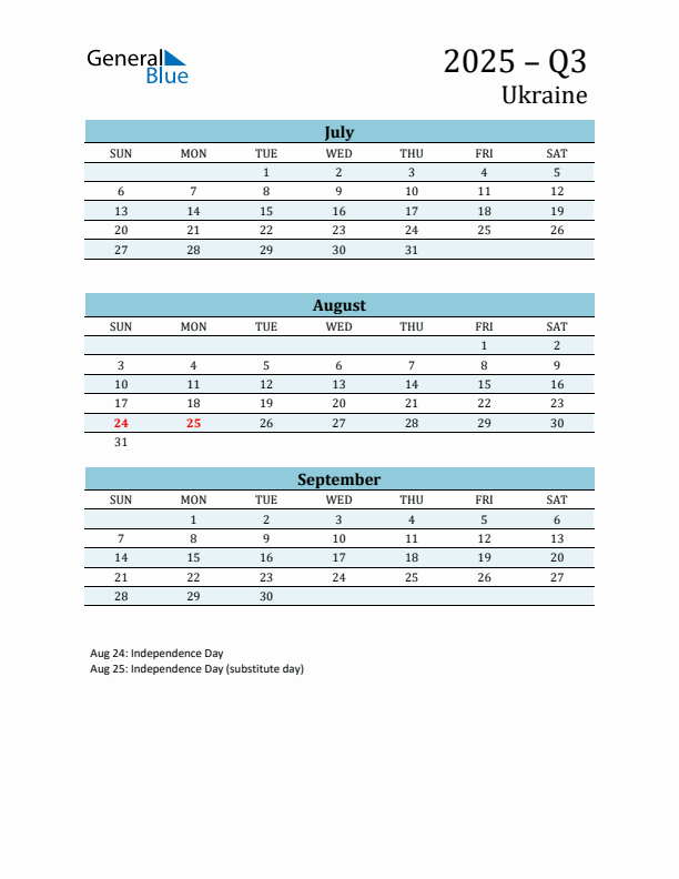 Three-Month Planner for Q3 2025 with Holidays - Ukraine