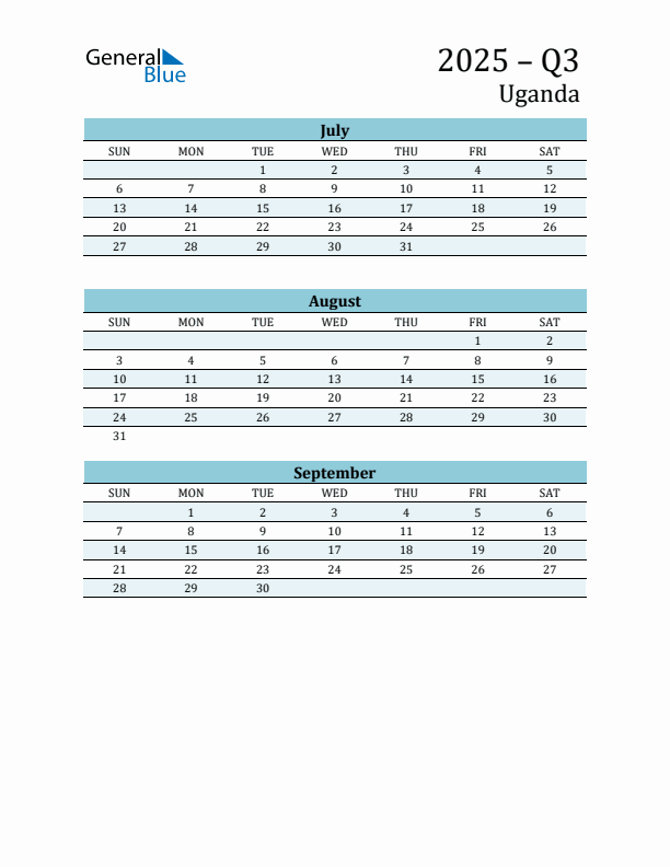 Three-Month Planner for Q3 2025 with Holidays - Uganda