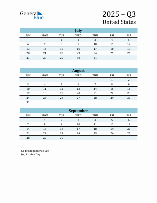 Three-Month Planner for Q3 2025 with Holidays - United States