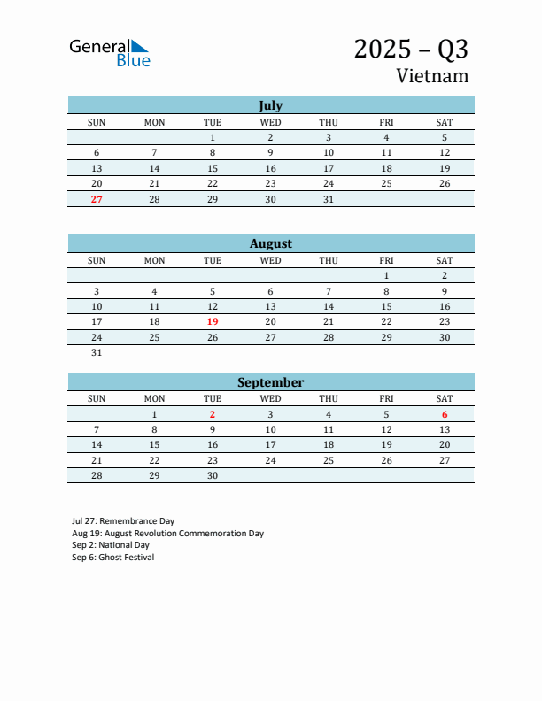 Three-Month Planner for Q3 2025 with Holidays - Vietnam