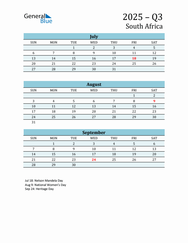 Three-Month Planner for Q3 2025 with Holidays - South Africa