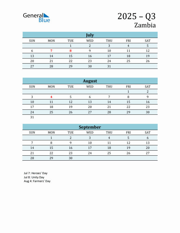 Three-Month Planner for Q3 2025 with Holidays - Zambia