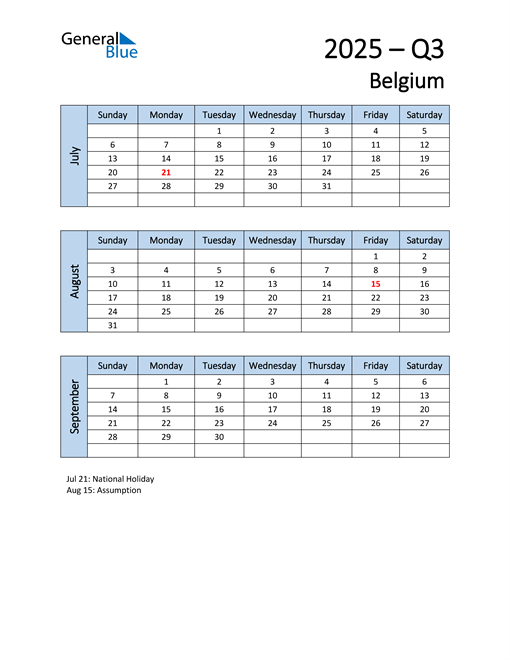  Free Q3 2025 Calendar for Belgium