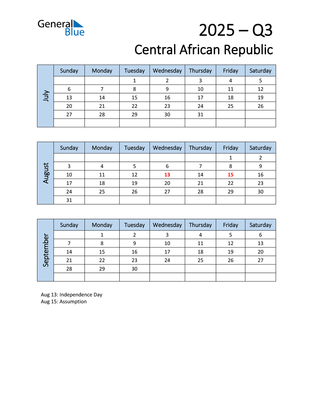  Free Q3 2025 Calendar for Central African Republic