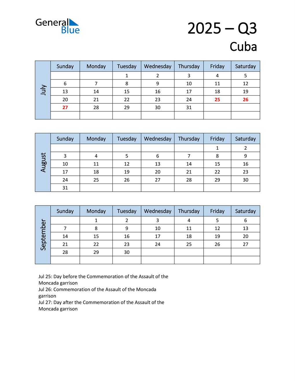  Free Q3 2025 Calendar for Cuba