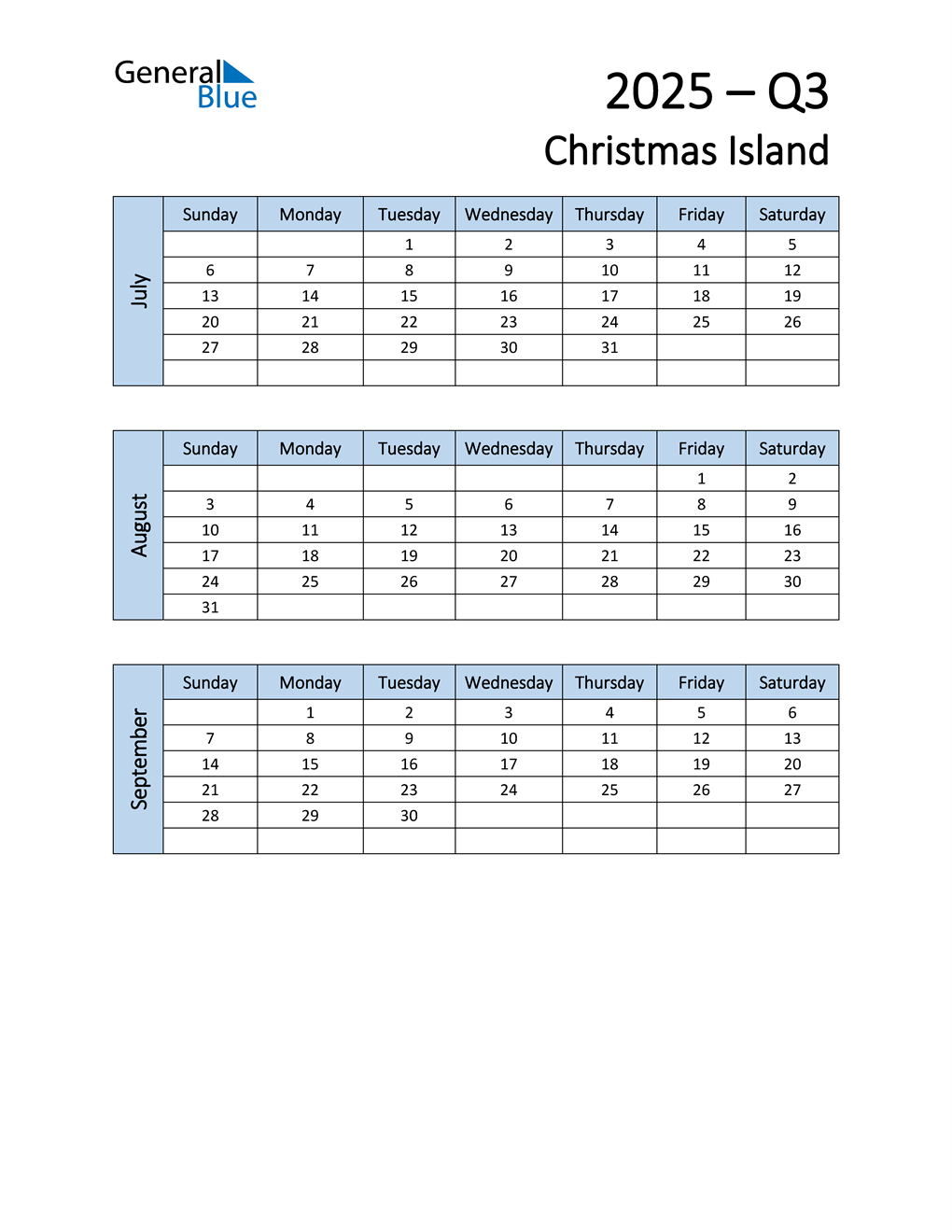  Free Q3 2025 Calendar for Christmas Island