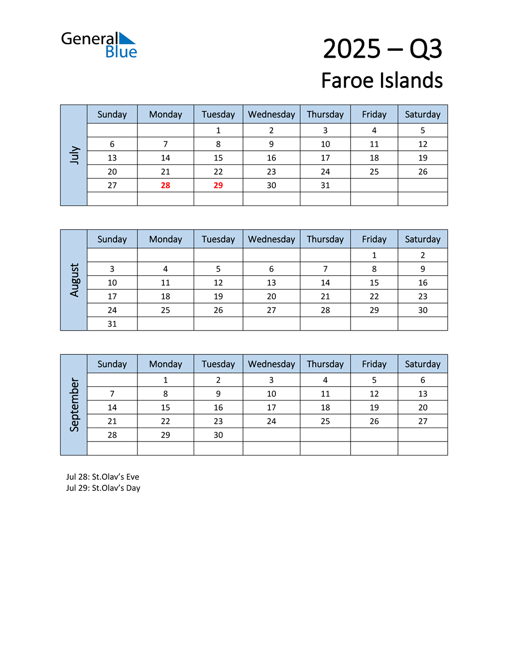  Free Q3 2025 Calendar for Faroe Islands