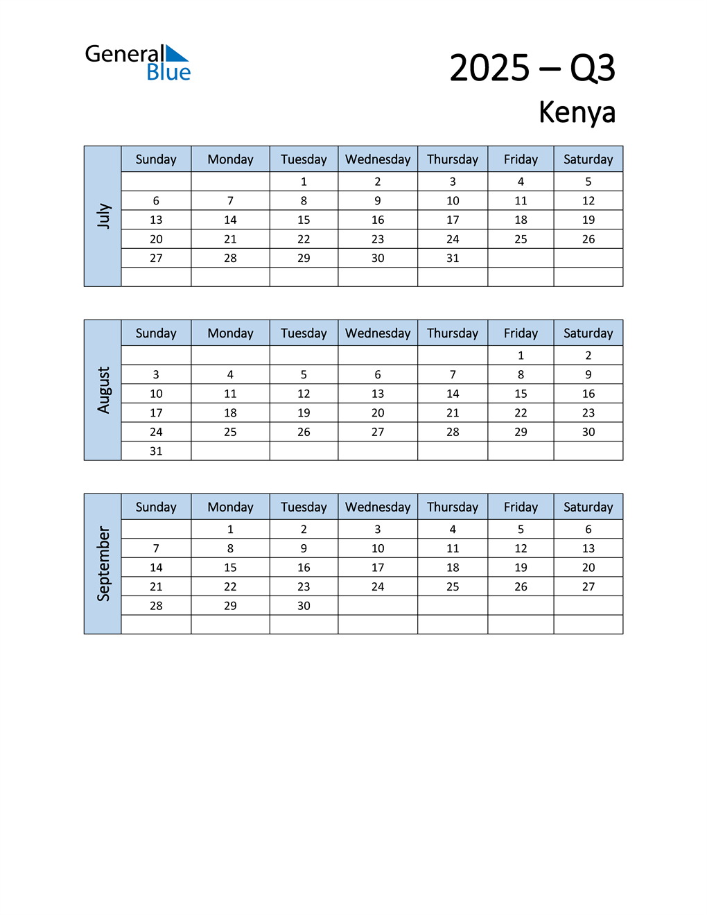  Free Q3 2025 Calendar for Kenya