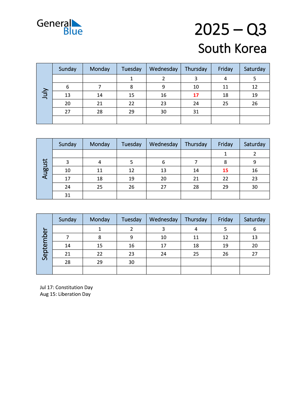  Free Q3 2025 Calendar for South Korea