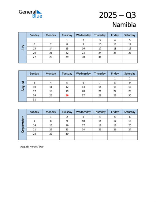  Free Q3 2025 Calendar for Namibia