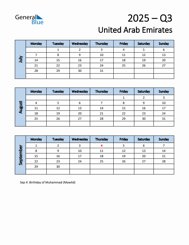 Free Q3 2025 Calendar for United Arab Emirates - Monday Start