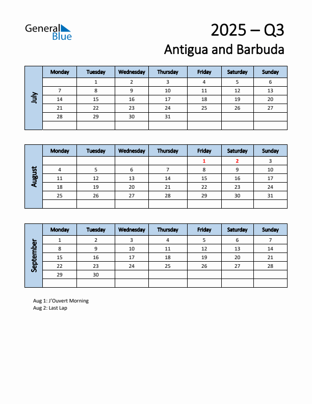 Free Q3 2025 Calendar for Antigua and Barbuda - Monday Start