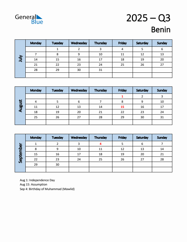 Free Q3 2025 Calendar for Benin - Monday Start