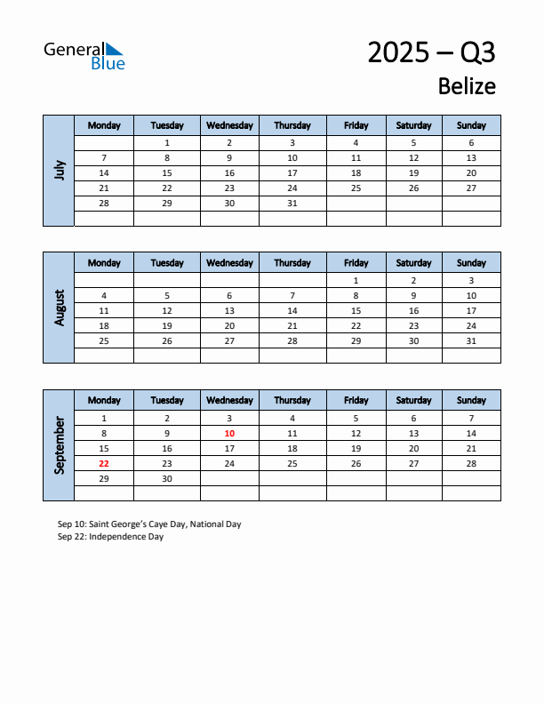 Free Q3 2025 Calendar for Belize - Monday Start