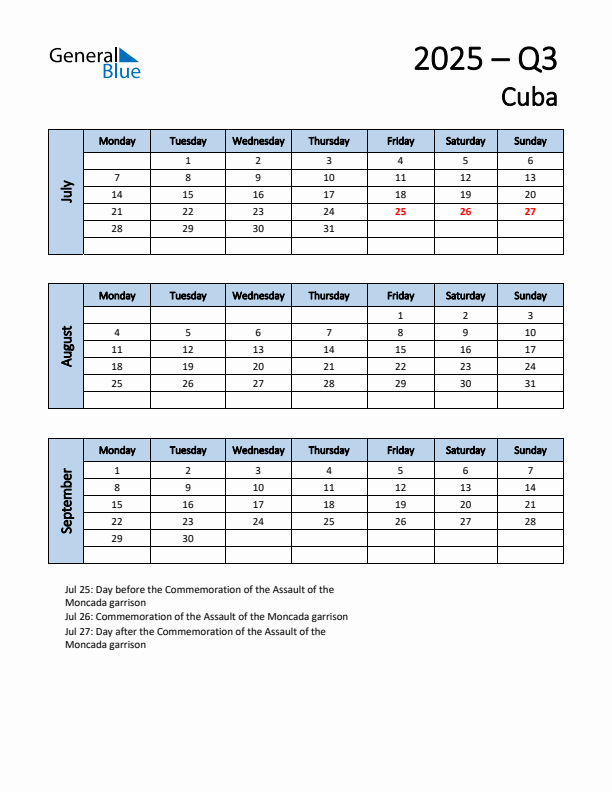 Free Q3 2025 Calendar for Cuba - Monday Start