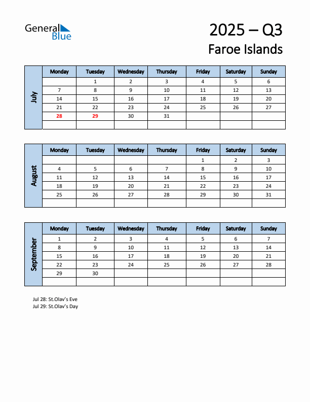 Free Q3 2025 Calendar for Faroe Islands - Monday Start