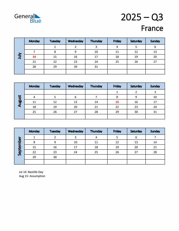 Free Q3 2025 Calendar for France - Monday Start