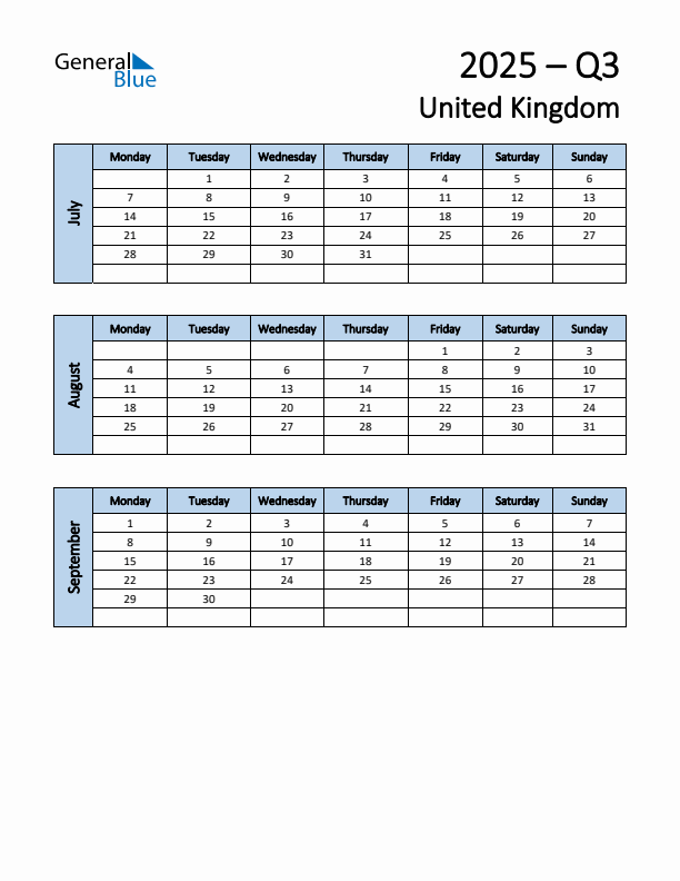 Free Q3 2025 Calendar for United Kingdom - Monday Start