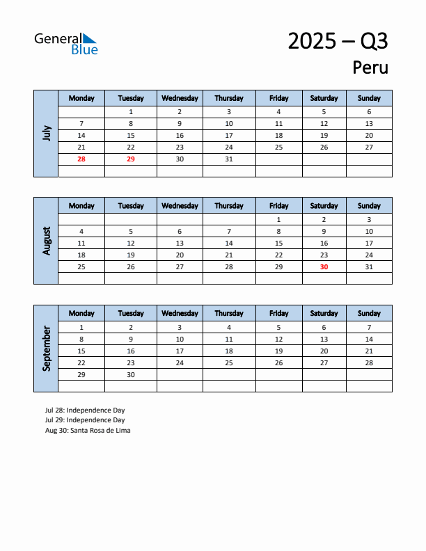 Free Q3 2025 Calendar for Peru - Monday Start