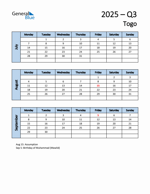 Free Q3 2025 Calendar for Togo - Monday Start