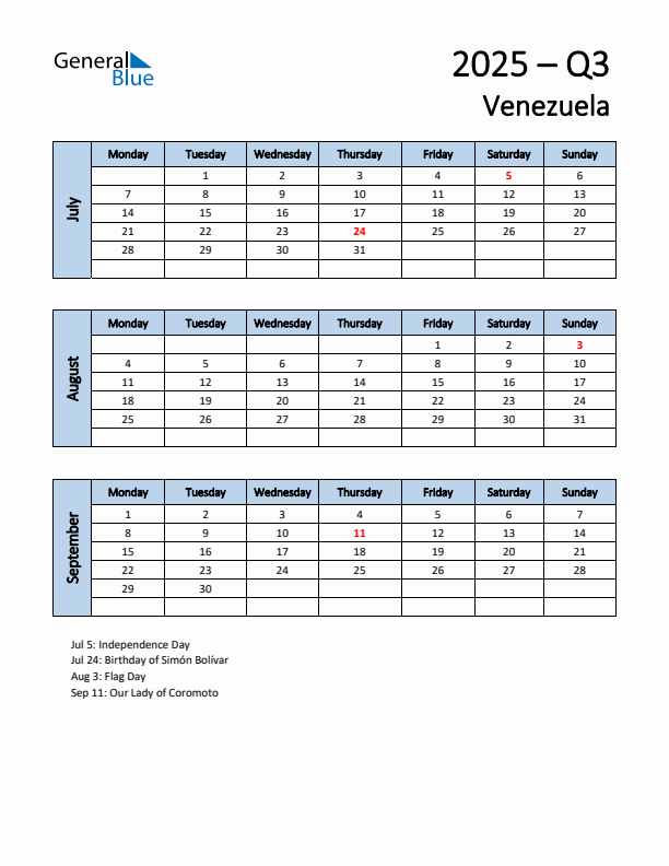 Free Q3 2025 Calendar for Venezuela - Monday Start