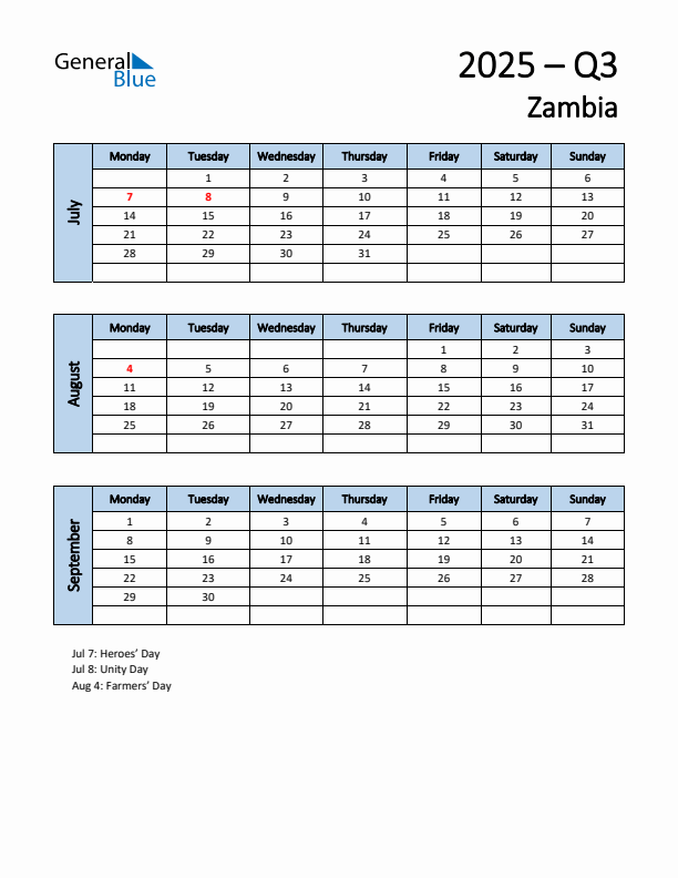 Free Q3 2025 Calendar for Zambia - Monday Start