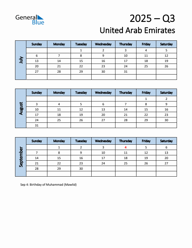 Free Q3 2025 Calendar for United Arab Emirates - Sunday Start