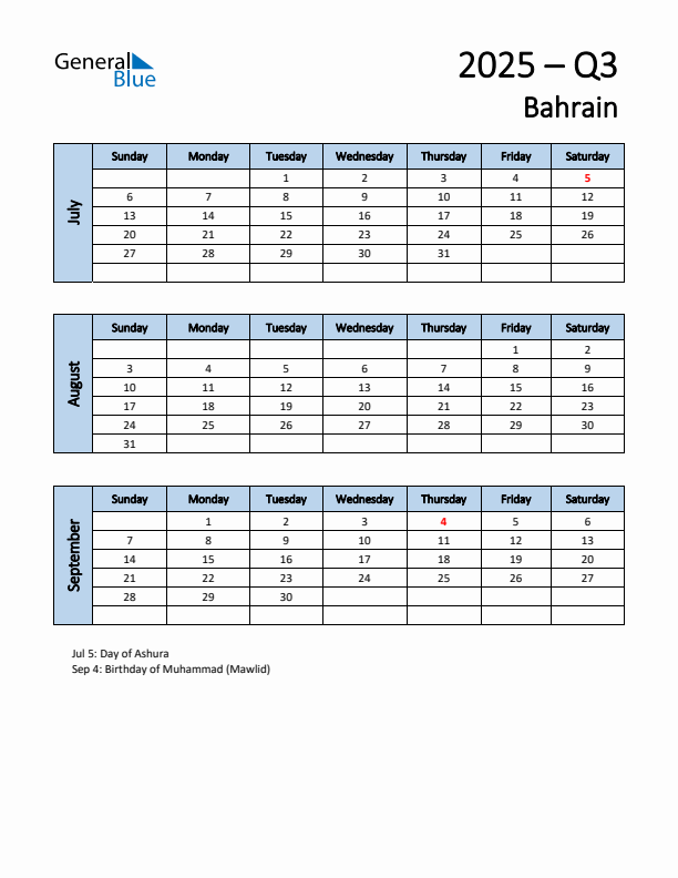 Free Q3 2025 Calendar for Bahrain - Sunday Start