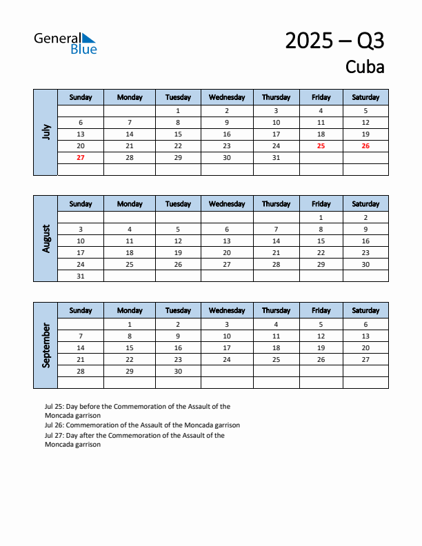 Free Q3 2025 Calendar for Cuba - Sunday Start