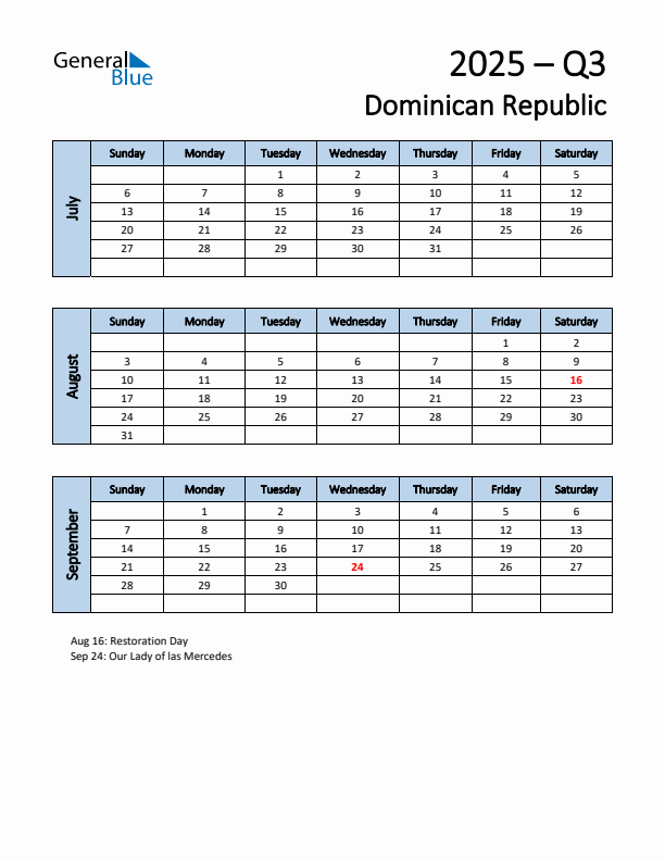 Free Q3 2025 Calendar for Dominican Republic - Sunday Start