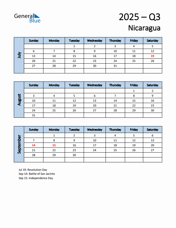 Free Q3 2025 Calendar for Nicaragua - Sunday Start